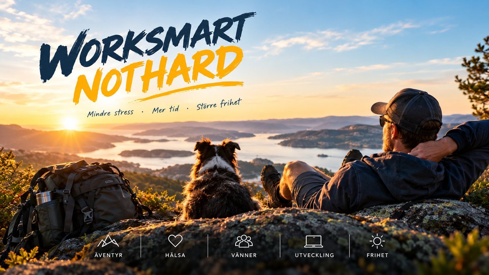 Worksmart Not Hard – mindre stress, mer tid, större frihet. En man och hans hund vilar på en klippa och blickar ut över skärgården i solnedgång.